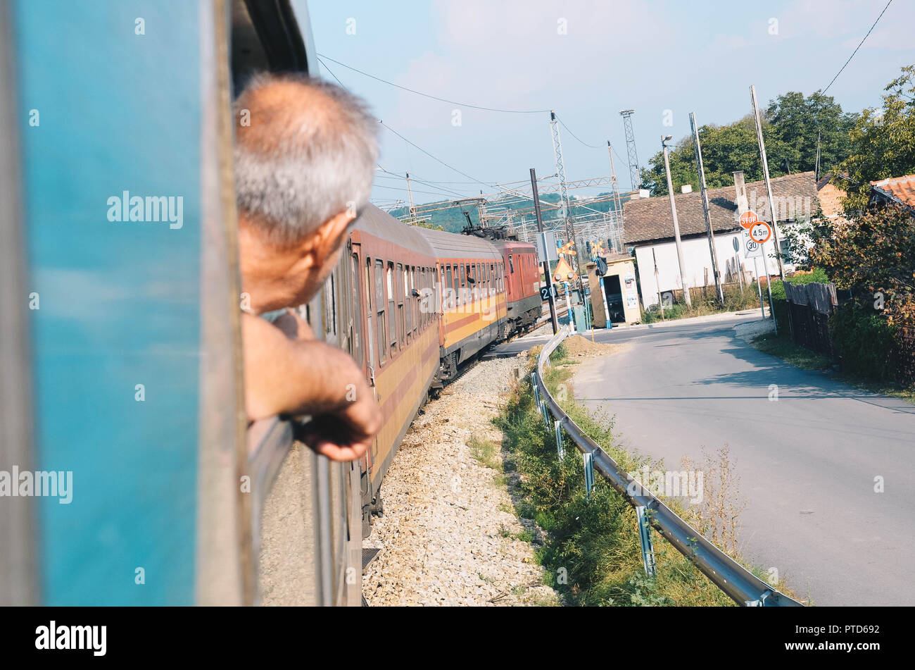 Approaching Belgrade on the train from the south (Hellas Express), Serbia, Balkans, September 2018 Stock Photo