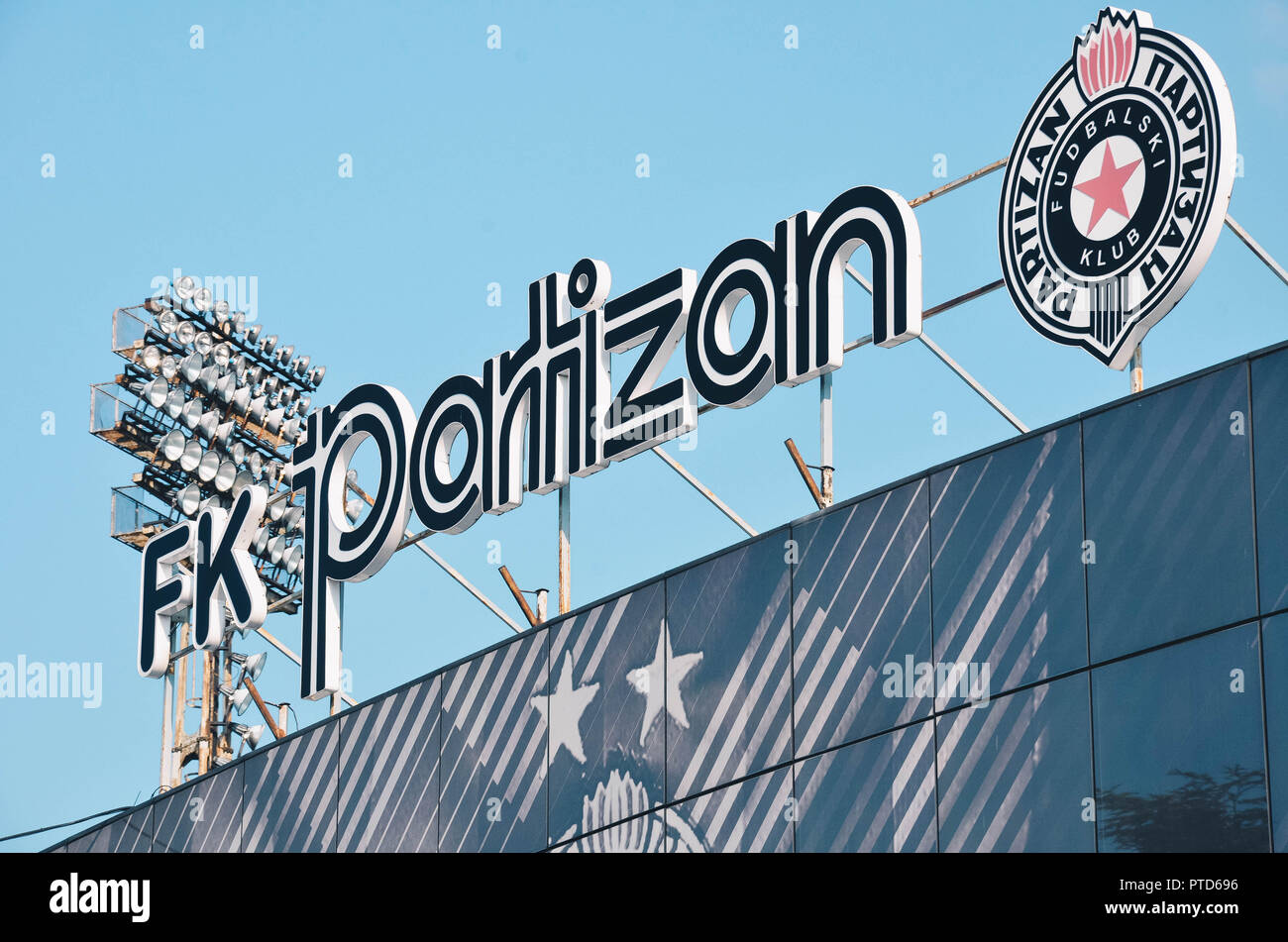 Logo of Partizan Belgrade outside Partizan Stadium (formerly JNA Stadium), Belgrade, Serbia, Balkans, September 2018 Stock Photo