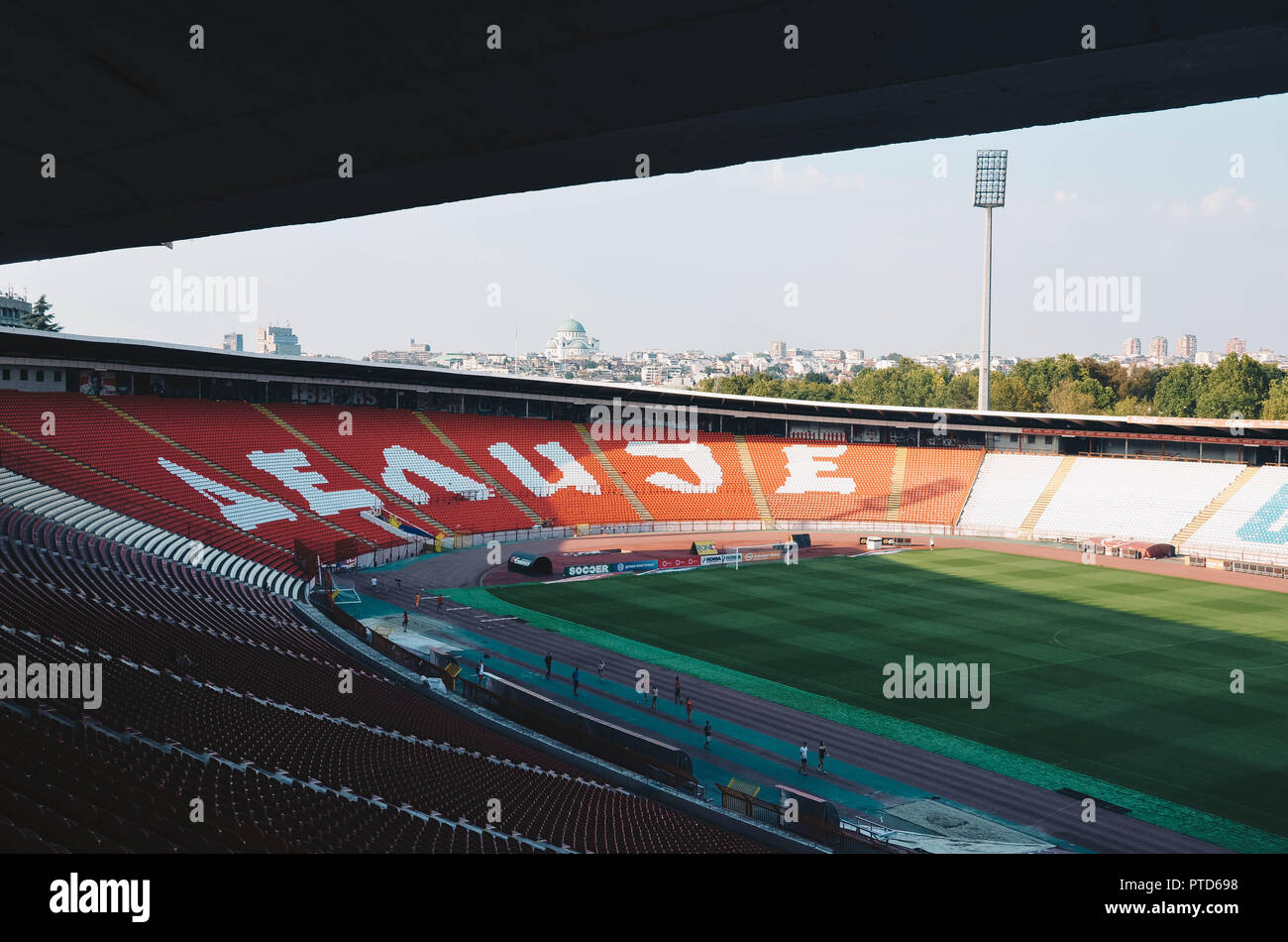 View of north stand, with Belgrade in the background, Red Star Stadium (or Rajko Mitić Stadium, Marakana), Belgrade, Serbia, Balkans, September 2018 Stock Photo