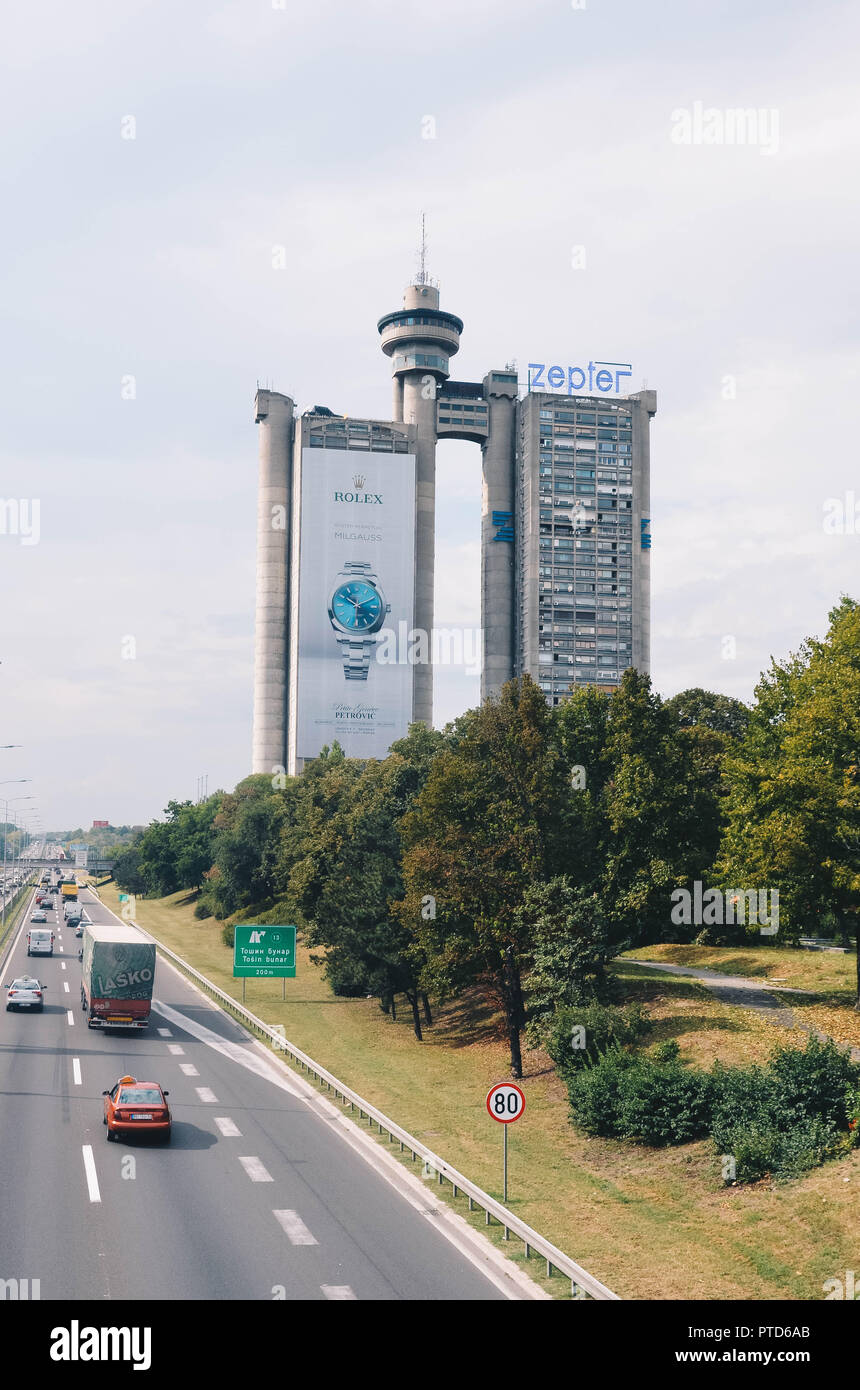 Western City Gate, or Genex Tower, (built 1979, architect Mihajlo Mitrović), New Belgrade (Novi Beograd), Belgrade, Serbia, Balkans, September 2018 Stock Photo