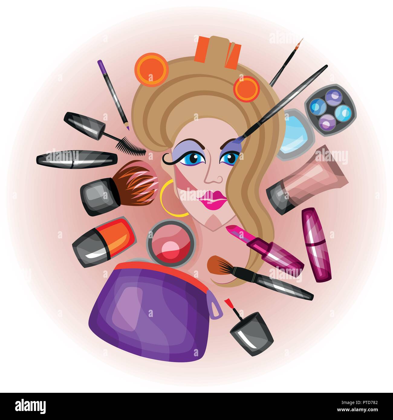Young beautiful woman European type with curlers on her head and mask on her face. Relaxing girl face with cosmetics and make up. Stock Vector