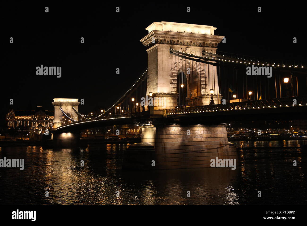 Beautiful Chain Bridge of Budapest lit up a night Stock Photo