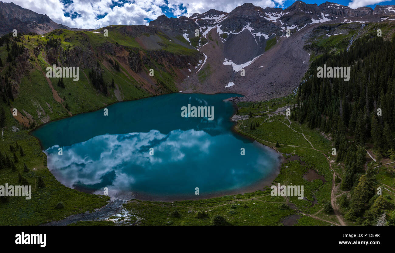 Aerial view of the Blue Lake near near Ridgway Colorado with Mountain ...