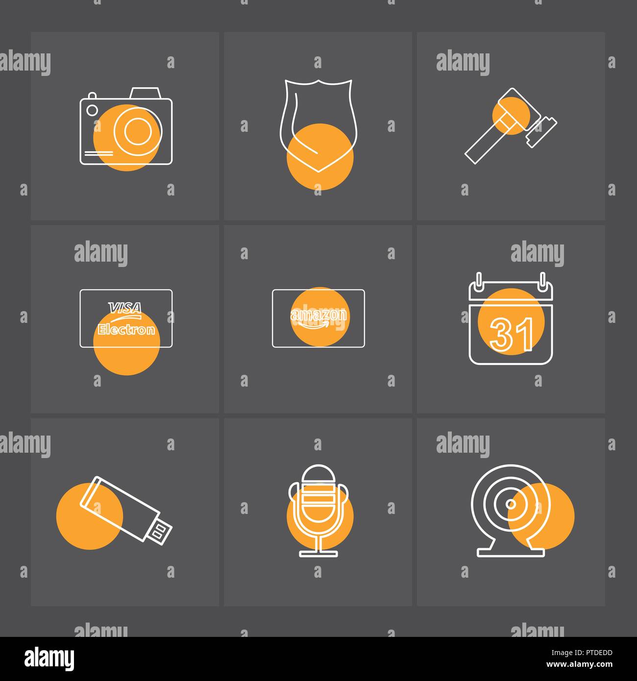 camera , sheild, hammer , calender , amazon card , usb, microphone, dart,  visa icon, vector, design, flat, collection, style, creative, icons Stock  Vector Image & Art - Alamy