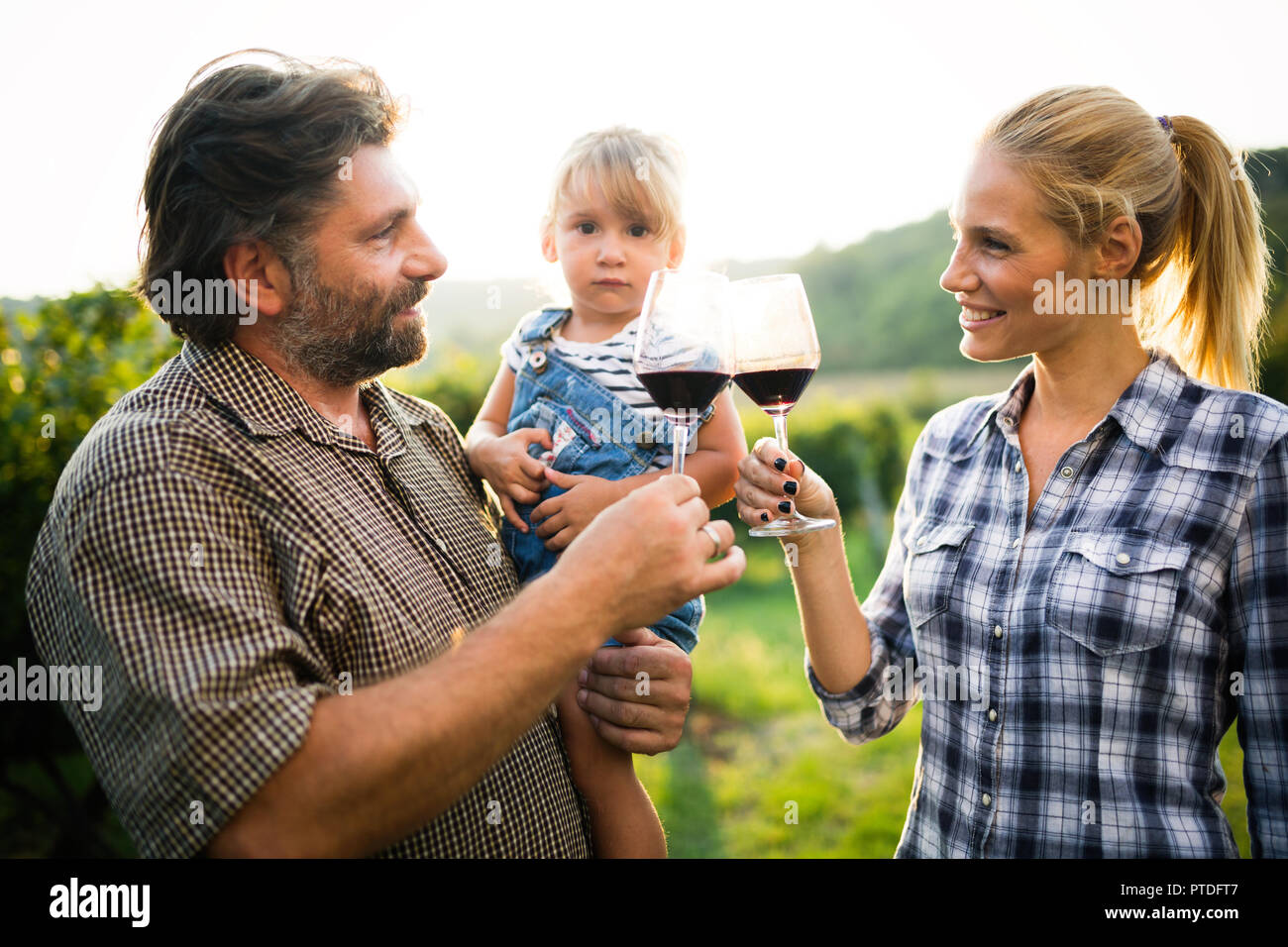 Wine grower family in vineyard tasting nice vine Stock Photo Alamy