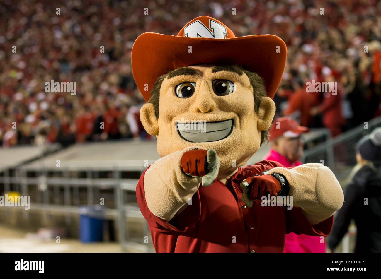 Madison, WI, USA. 6th Oct, 2018. Nebraska mascot points toward the camera after a touchdown during the NCAA Football game between the Nebraska Cornhuskers and the Wisconsin Badgers at Camp Randall Stadium in Madison, WI. Wisconsin defeated Nebraska 41-24. John Fisher/CSM/Alamy Live News Stock Photo