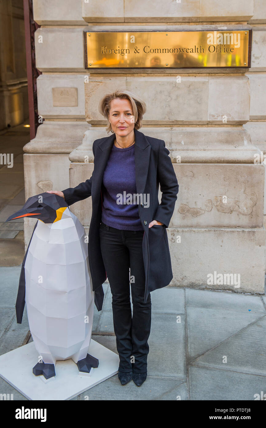 London, UK. 9th October, 2018. Gillian Anderson (pictured), Greenpeace Antarctic Ambassador, visits the Foreign & Commonwealth Office to deliver a 350k signature petition calling for the creation of the largest protected area on Earth – a 1.8 million square kilometre Antarctic Ocean Sanctuary. Credit: Guy Bell/Alamy Live News Stock Photo