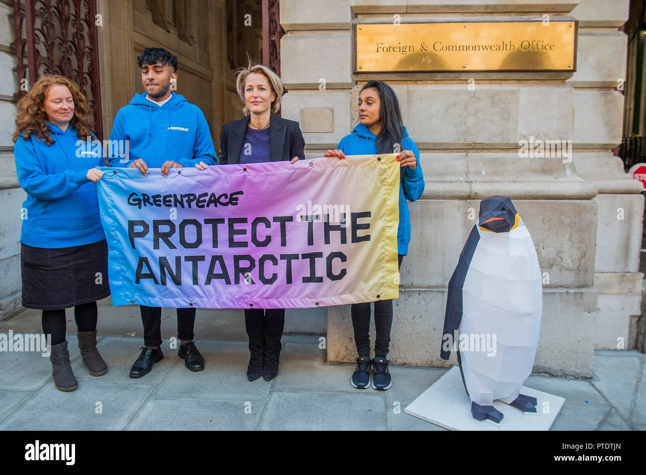 London, UK. 9th October, 2018. Gillian Anderson (pictured), Greenpeace Antarctic Ambassador, visits the Foreign & Commonwealth Office to deliver a 350k signature petition calling for the creation of the largest protected area on Earth – a 1.8 million square kilometre Antarctic Ocean Sanctuary. Credit: Guy Bell/Alamy Live News Stock Photo