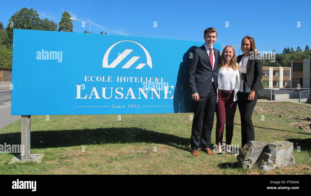Lausanne, Switzerland. 26th Sep, 2018. The three Germans, Julia Kolb (21,  r) Lara Monecke (19) and Tobias Ehrlich (21) are studying at the Hotel  Management School EHL. Dress regulations on skirt lengths