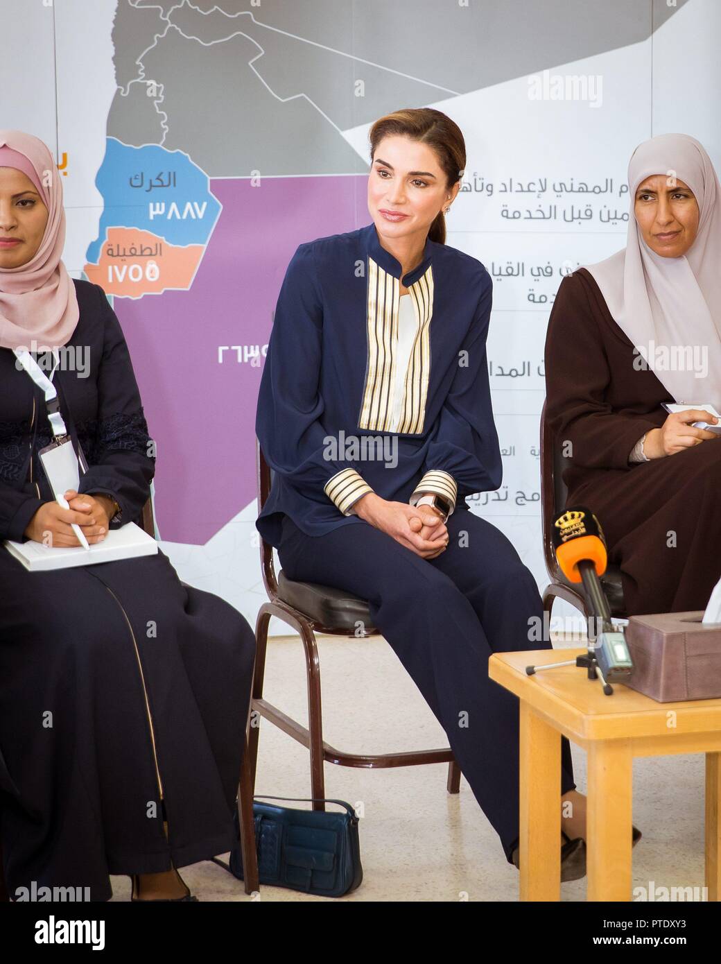 Queen Rania of Jordan at the Queen Rania Teacher Academy in Al Karak, on October 08, 2018, to meet teachers who are taking part in the Teach Like a Champion 2.0 program Photo: Albert Ph vd Werf/ Netherlands OUT/Point de Vue OUT | Stock Photo