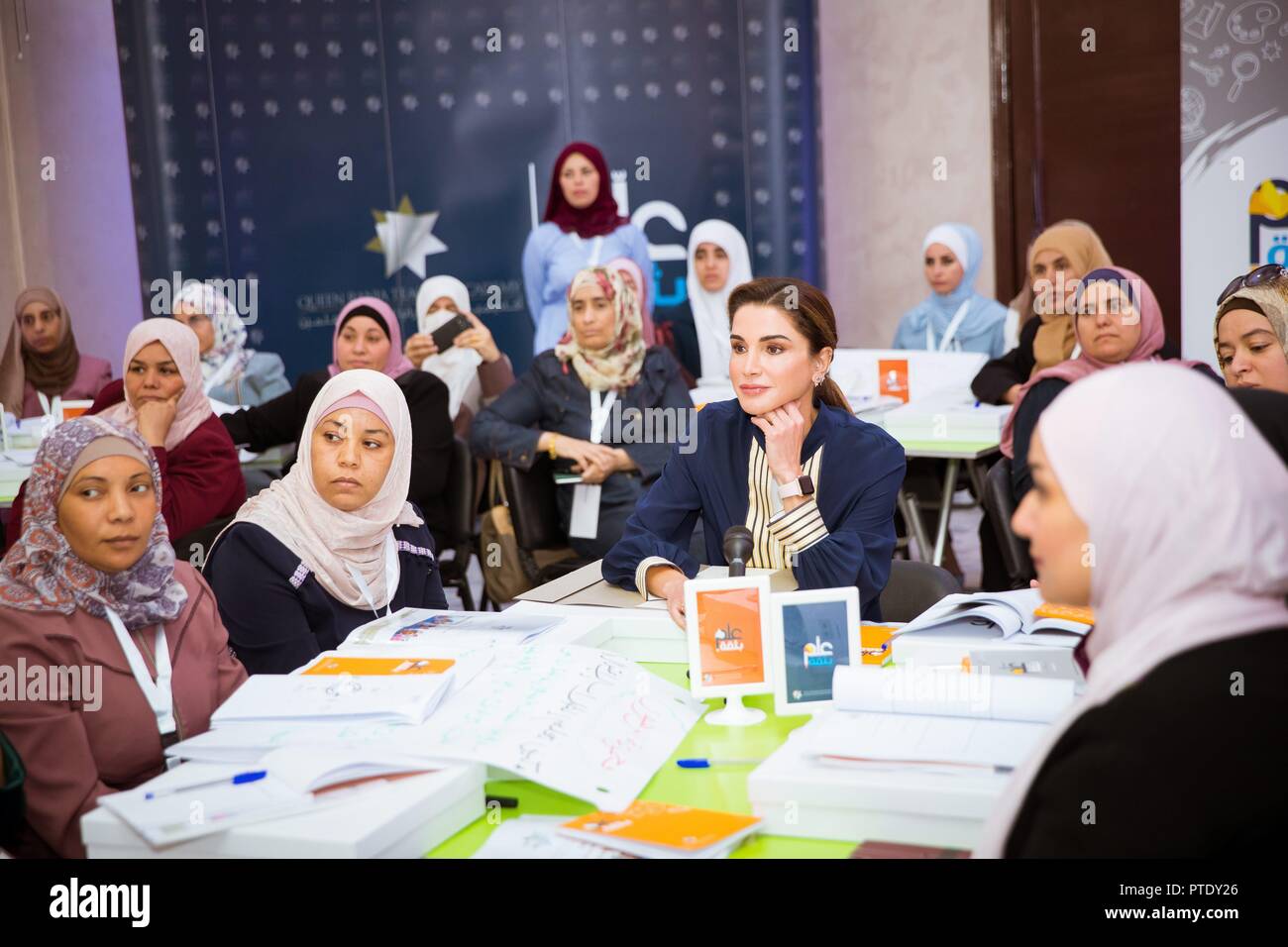 Queen Rania of Jordan at the Queen Rania Teacher Academy in Al Karak, on October 08, 2018, to meet teachers who are taking part in the Teach Like a Champion 2.0 program Photo: Albert Ph vd Werf/ Netherlands OUT/Point de Vue OUT | Stock Photo