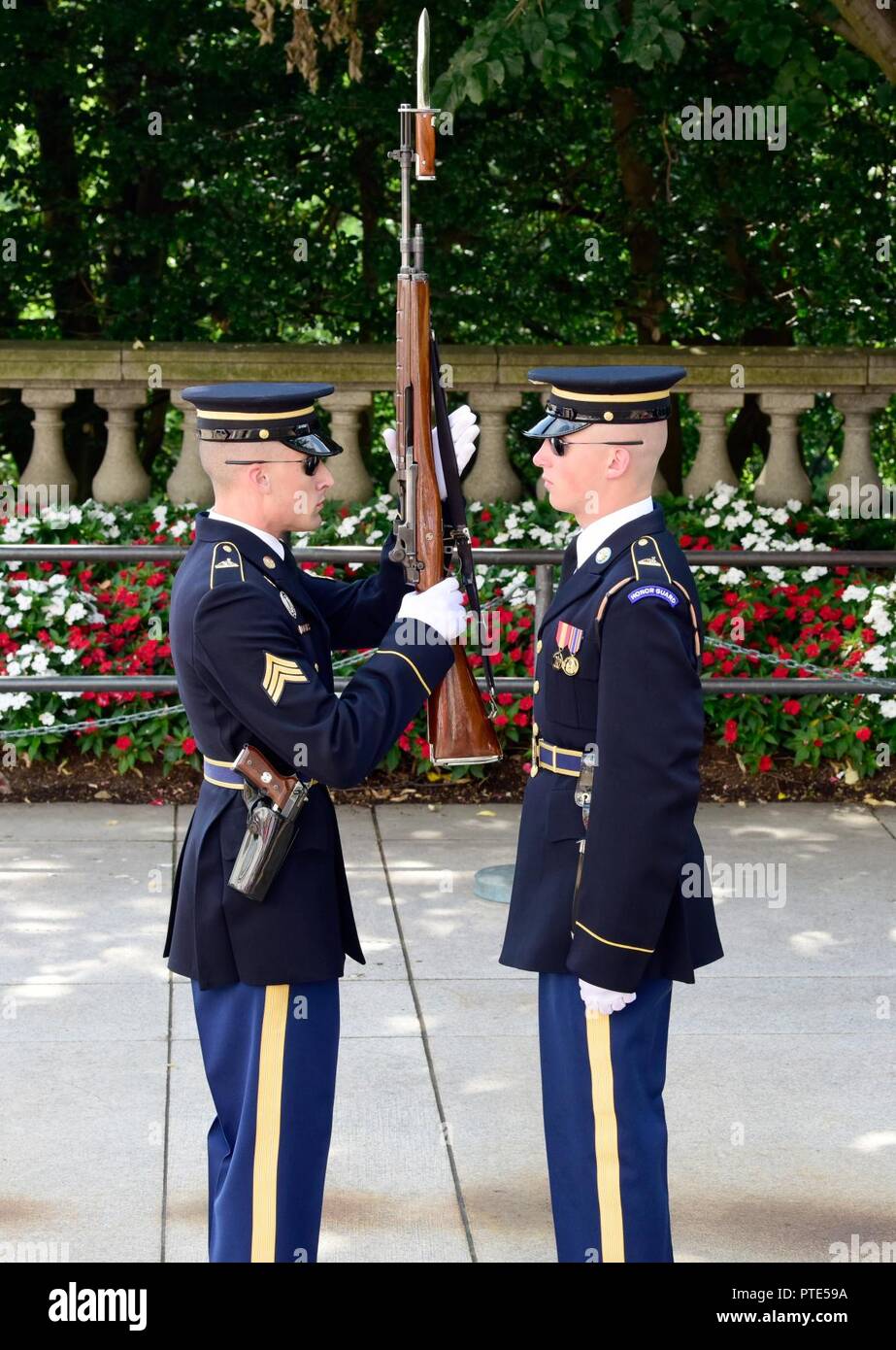 The relief commander conducts a detailed white-glove inspection of the weapon, checking each part of the rifle belonging to the Sentinel at the Tomb of the Unknown Soldier during the Changing of Guard ritual on July 11.    Regardless of the weather conditions, the Tomb of the Unknown Soldier is guarded 24 hours a day, 365 days a year by Soldiers of the 3rd U.S. Infantry Regiment (The Old Guard). Stock Photo