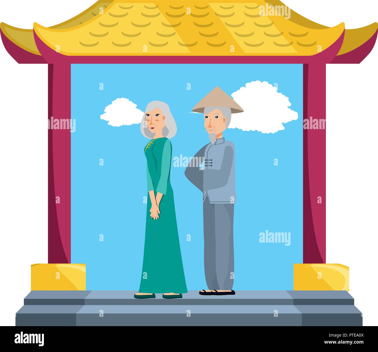 chinese portal with old couple isolated icon vector illustration design Stock Vector