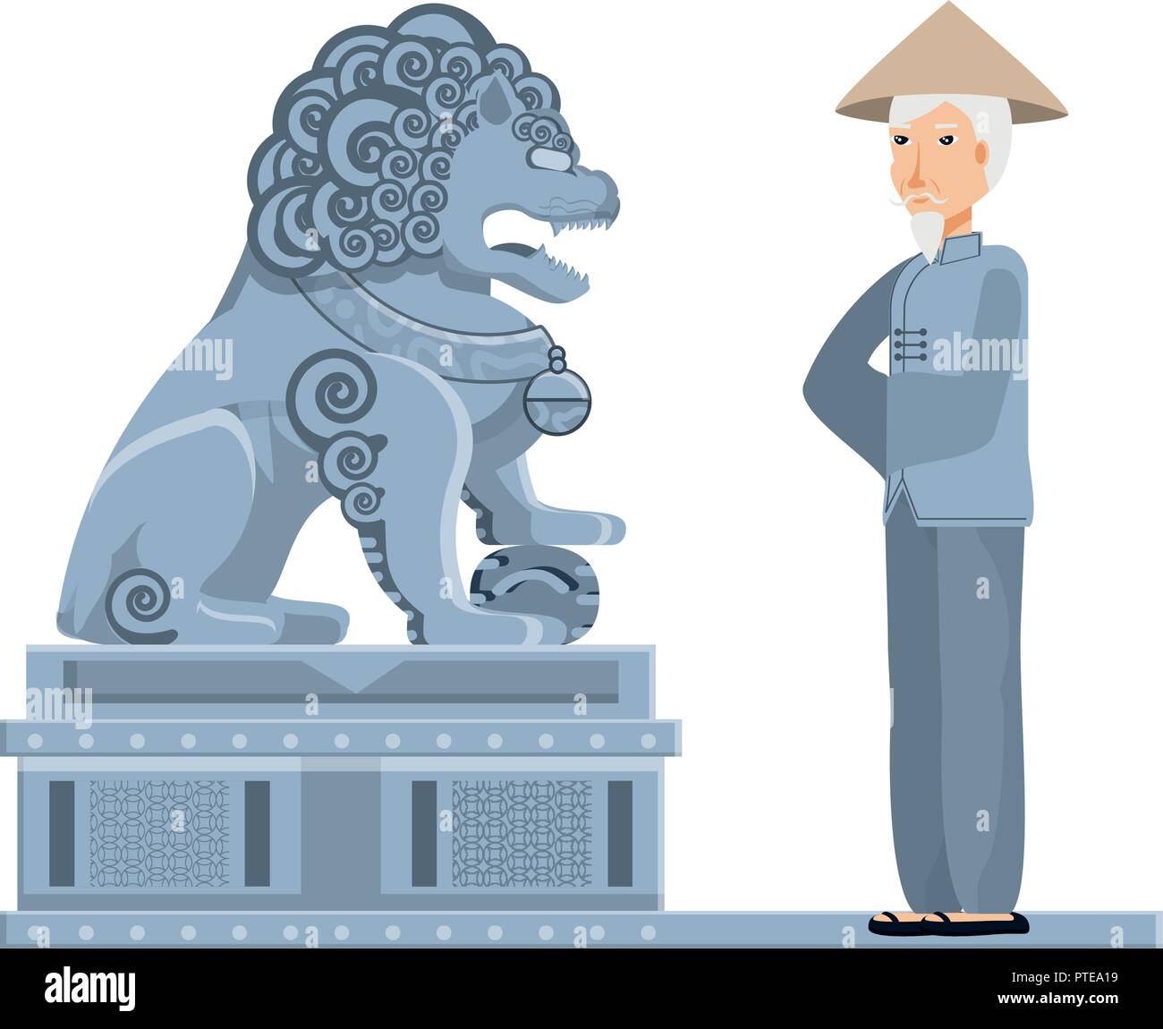 chinese lion statue with old man peasant vector illustration design Stock Vector