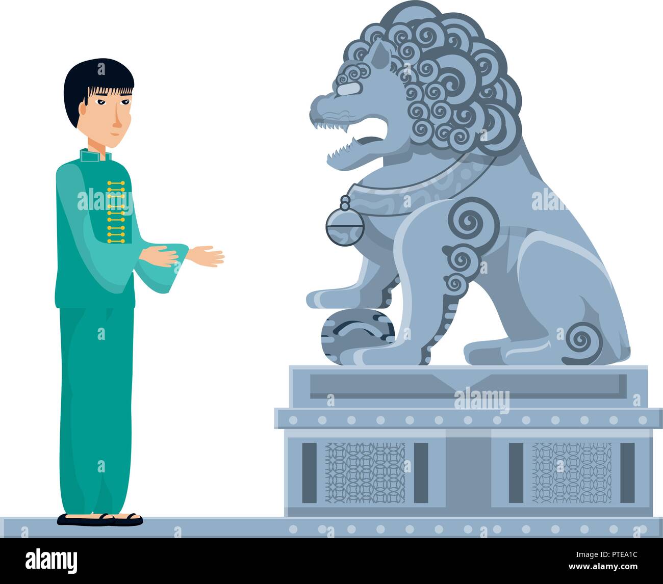 chinese lion statue with man isolated icon vector illustration design Stock Vector