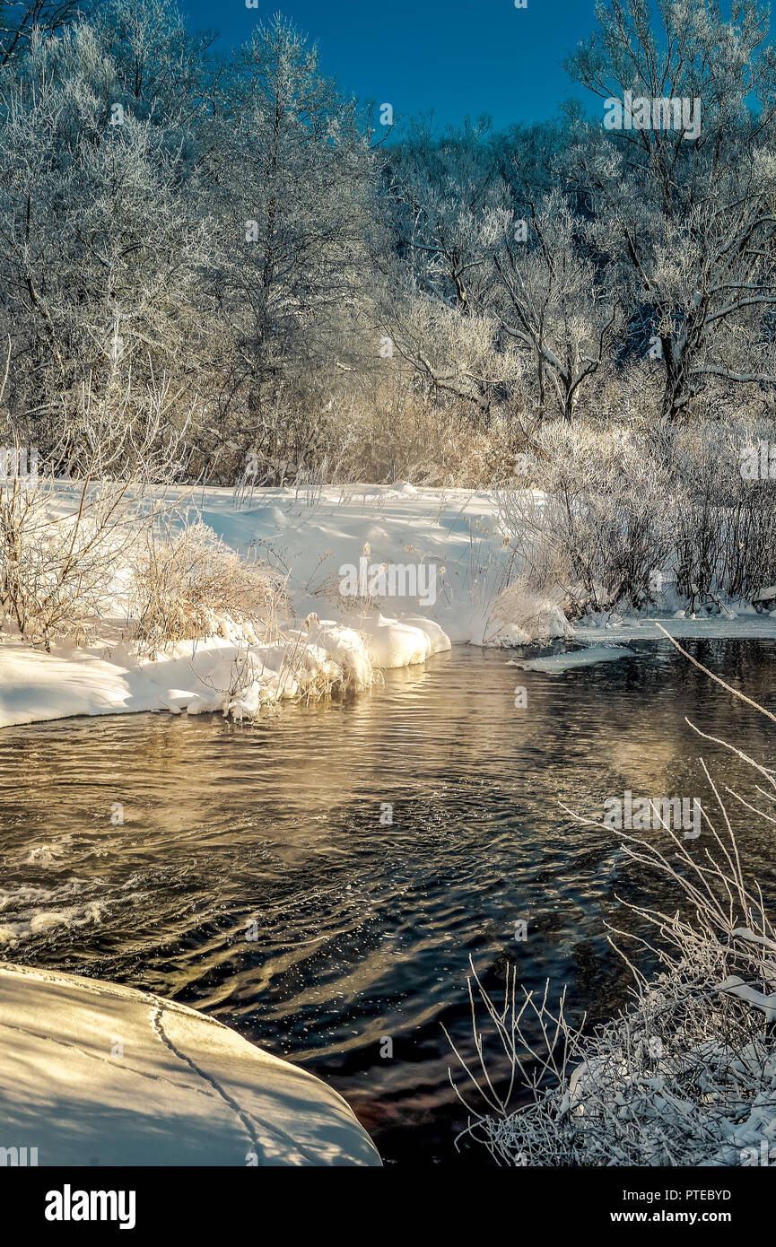 Winter sunny landscape with river and forest Stock Photo - Alamy