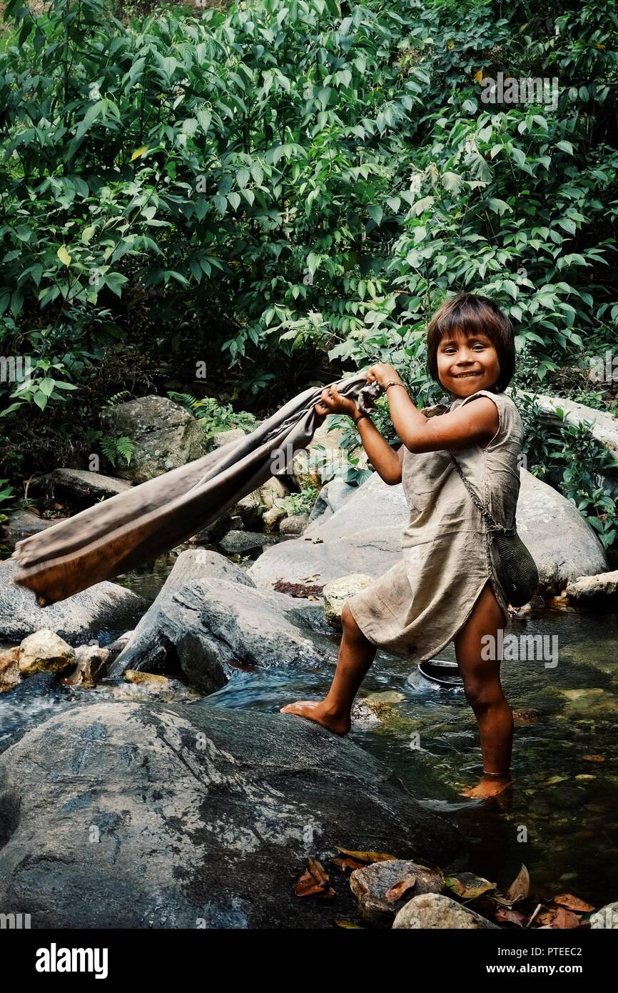 Santa Marta, Magdalena / Colombia - MARCH 10 2016 : kogi tribal kid doing laundry in the nearby stream close to their home Stock Photo