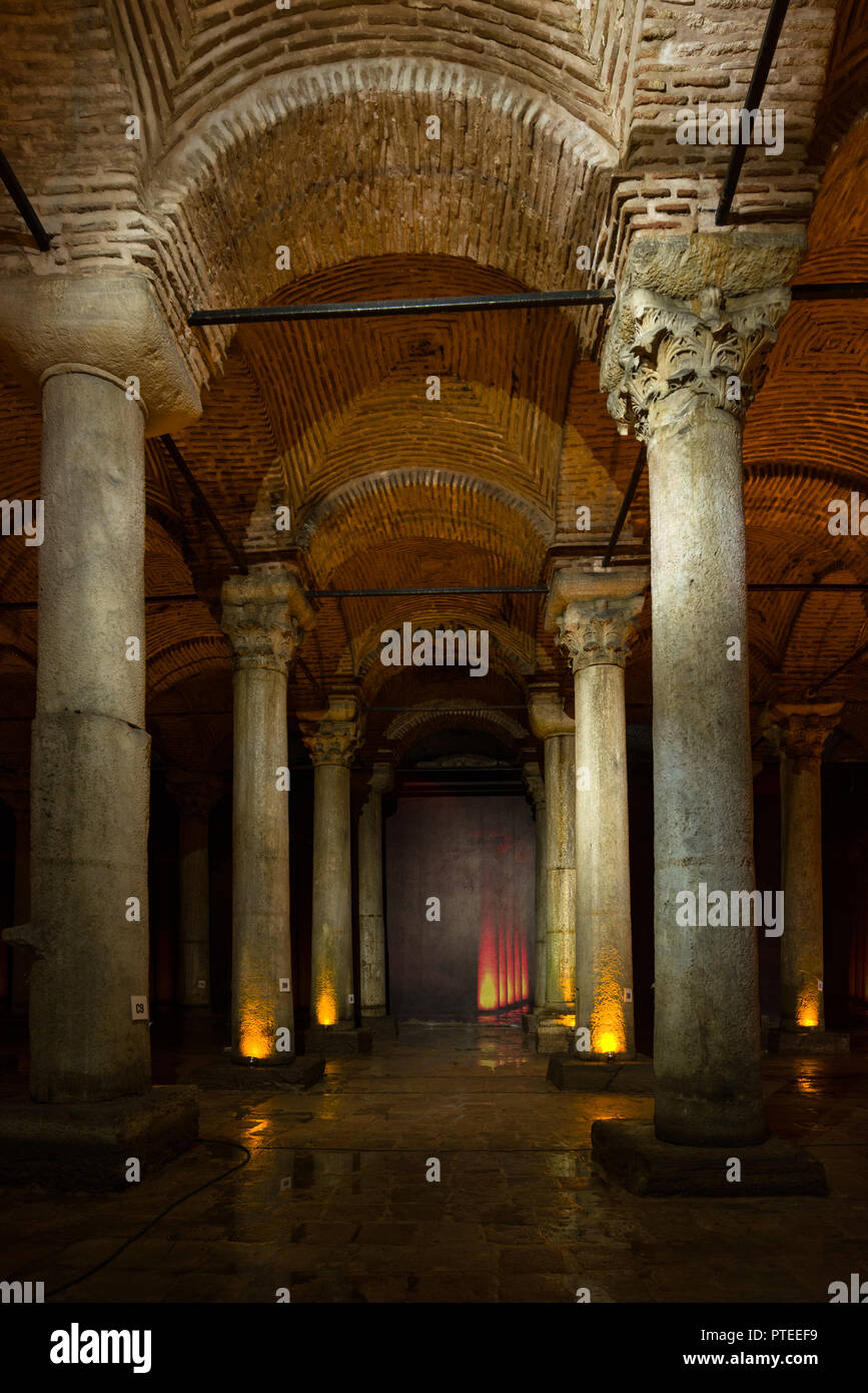 View of the rows of ancient Roman marble columns in the Basilica Cistern or Yerebatan Sarnıcı, Istanbul, Turkey Stock Photo