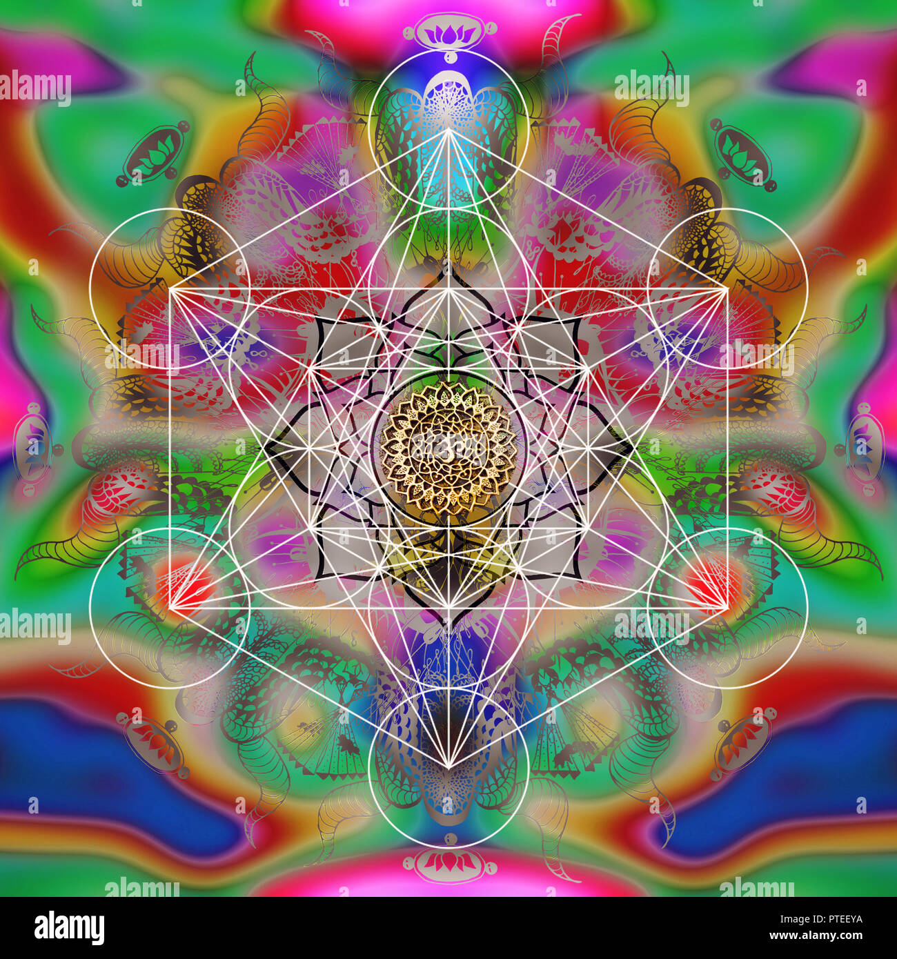 Metatron cube sacred geometry on colorful blury background Stock Photo