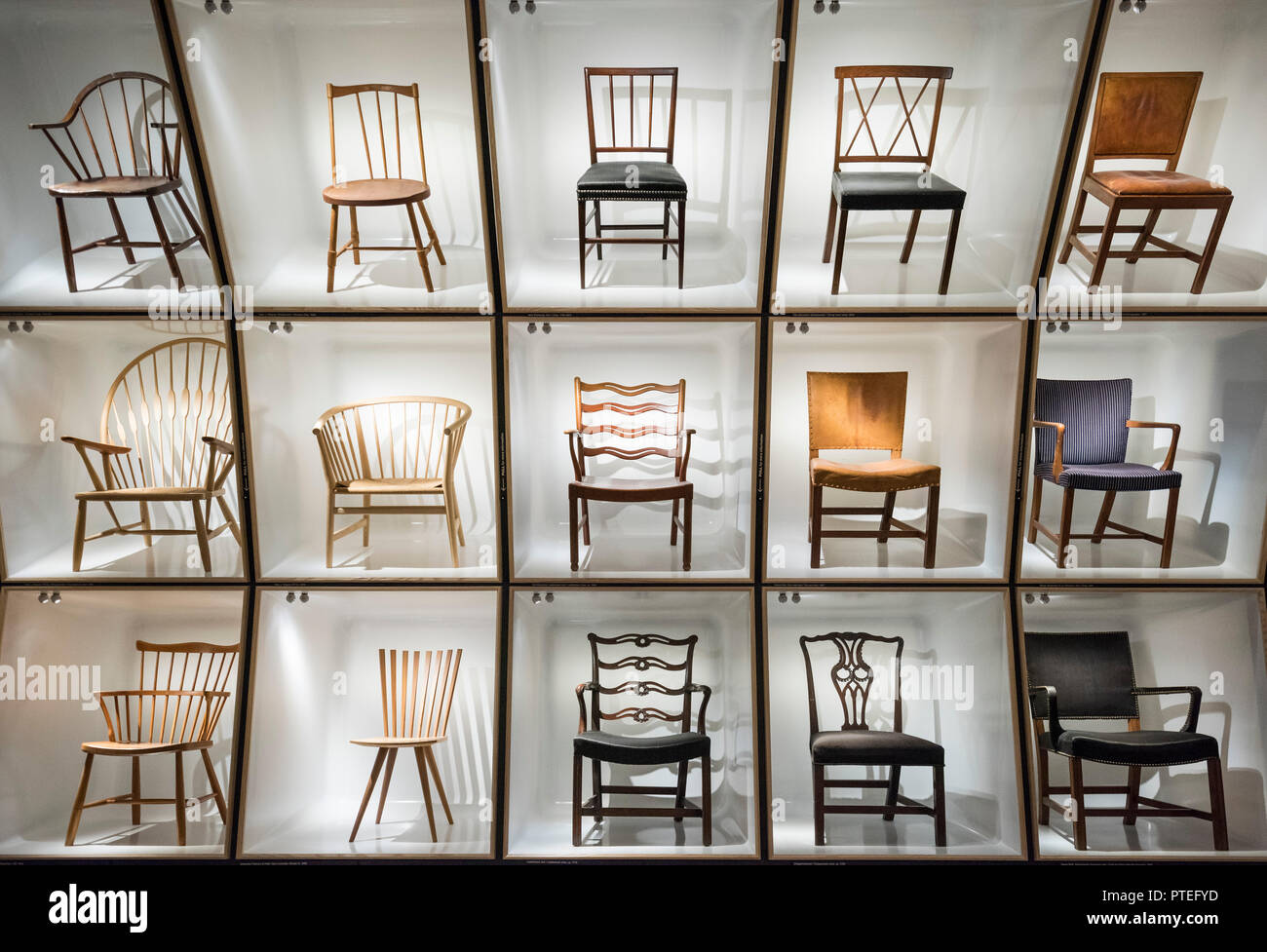 Copenhagen. Denmark. Display of iconic Danish chairs at the Danish Museum of Art & Design. Stock Photo