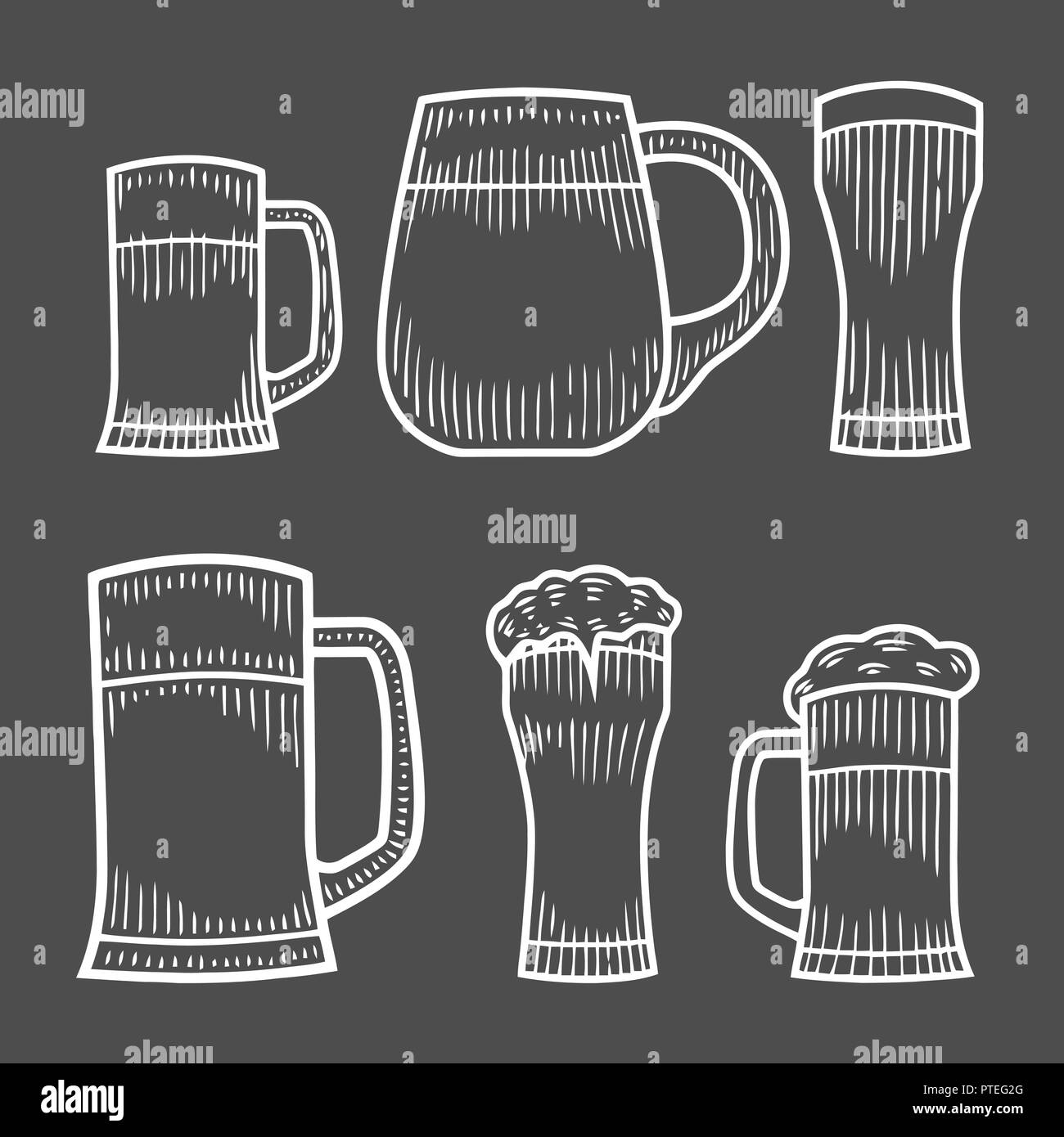 Beer glass, wooden mug. Sketch style vector illustration. Hand drawn isolated beverage object on white background. Alcoholic drink drawing. Great for  Stock Vector