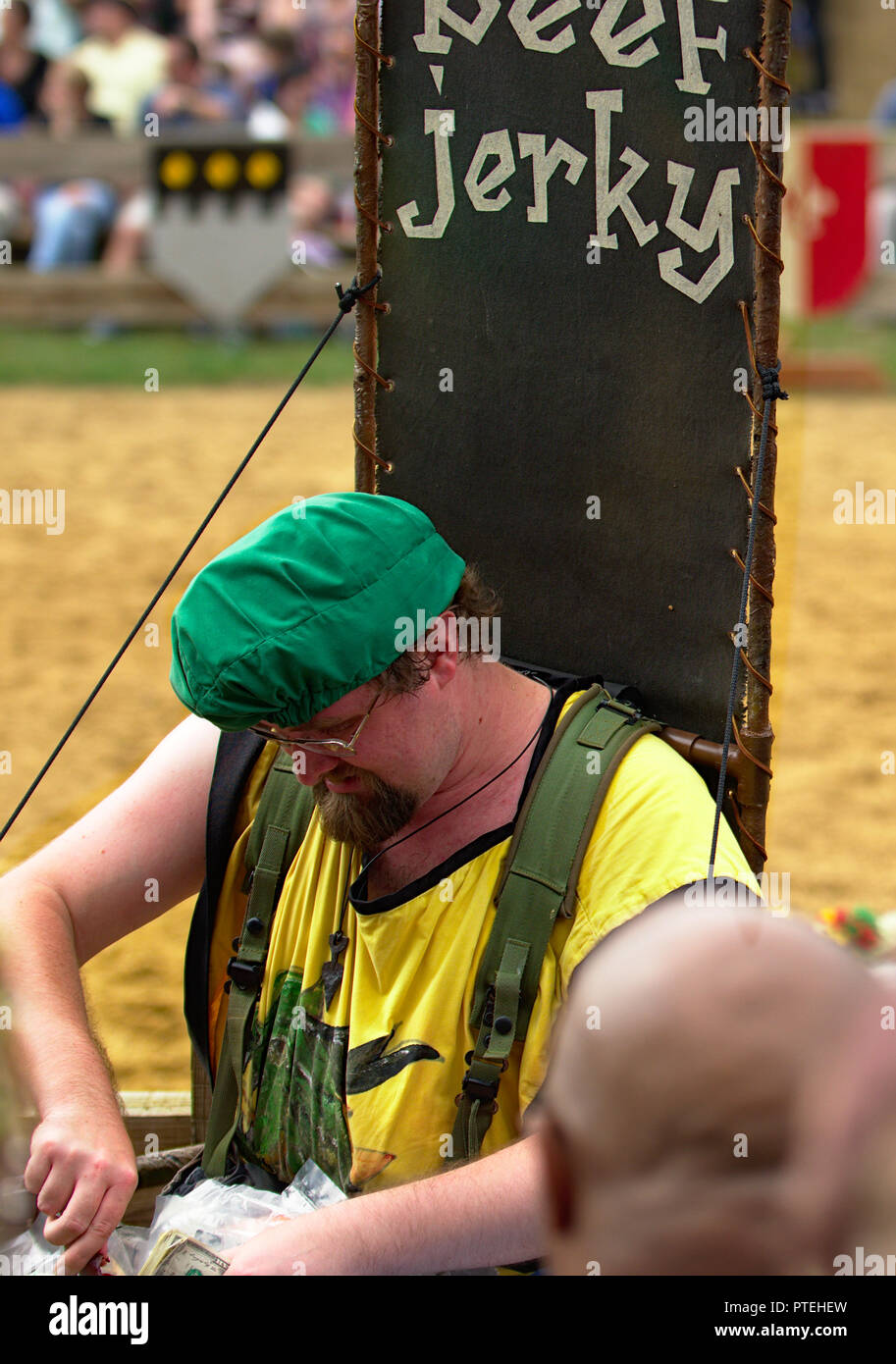 Male peddler selling beef jerky at renaissance festival in Annapolis MD
