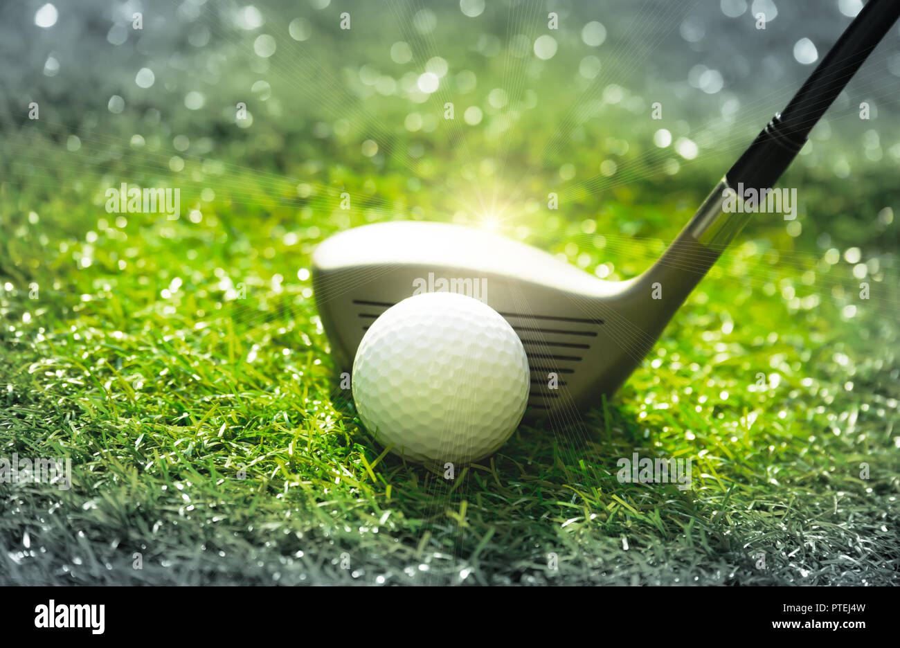 Close up golf ball in grass field with sun flare. Stock Photo