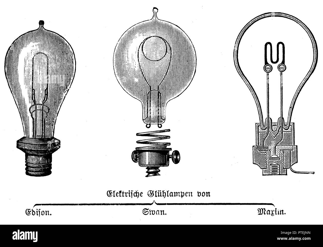 Electric light bulbs from Edison (left), Swan (center), Maxim