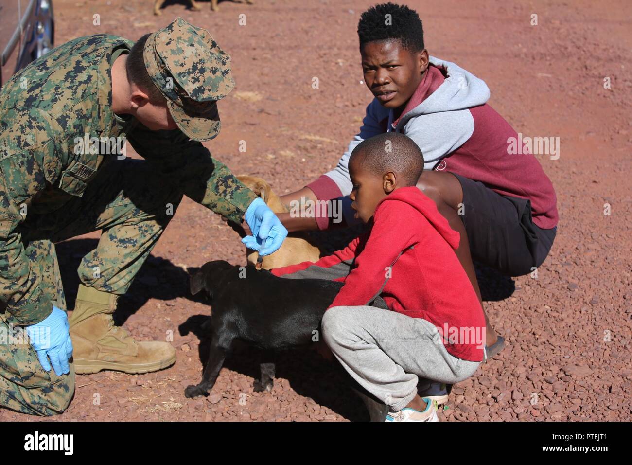 LCpl. Daniel Temple, 3rd Battalion, 25th Marines administers a flea vaccine to a dog while locals wait for free veterinary care during Mandela Day as part of Exercise Shared Accord 17 (SA17) in Postmasburg, South Africa, July 18, 2017. Mandela Day commemorates the lifetime of service Nelson Mandela gave to South Africa and the world, taking place every year on his birthday, with this years theme being, “action against poverty.” Stock Photo