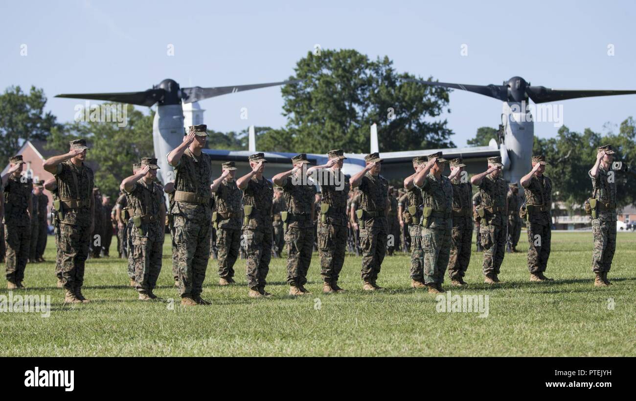 U.S. Marines assigned to II Marine Expeditionary Force (MEF) salute during a change of command ceremony on Camp Lejeune, N.C., July 14, 2017. During the ceremony, Maj. Gen. Walter L. Miller Jr. relinquished his command as commanding general of II MEF to Lt. Gen. Robert F. Hedelund. Stock Photo