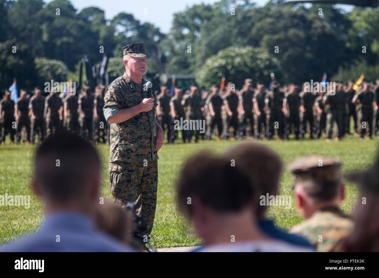 U.S. Marine Corps Maj Gen. Walter L. Miller, Jr., speaks to the audience during the II Marine Expeditionary Force (II MEF) change of command ceremony on Camp Lejeune, N.C., July 14, 2017. During the ceremony, Miller relinquished his post as commanding general of II MEF to Lt. Gen. Robert F. Hedelund. Stock Photo