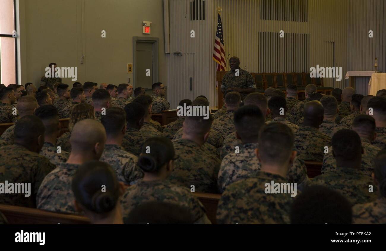 Sergeant Major of the Marine Corps Sgt. Maj. Ronald L. Green speaks to Marines at Marine Corps Air Station Yuma, Ariz., July 7, 2017. Sgt. Maj. Green spoke to the Marines about how they should treat each other and the importance of our culture. Stock Photo