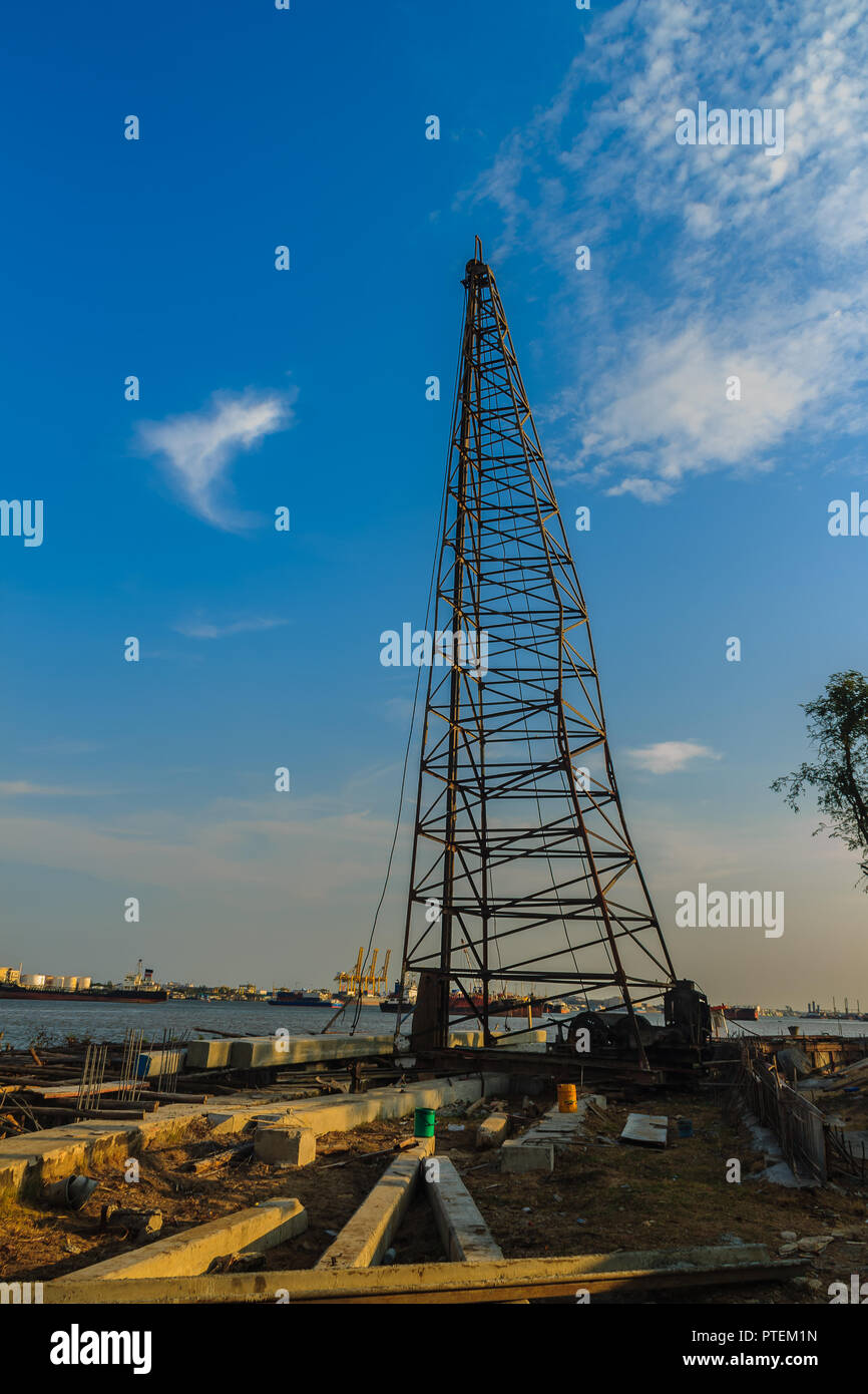 Pile Driving Machine With Reinforced Concrete Piles At Jetty ...