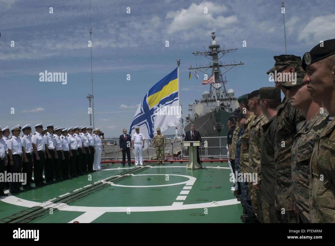 ODESSA, Ukraine (July 17, 2017) The President of Ukraine Petro Poroshenko, center, speaks during a ceremony aboard the Ukrainian frigate Hetman Sahaydachniy (U 130) during exercise Sea Breeze 2017 in Odessa, Ukraine, July 17. Behind him are, from left, Maksym Stepanov, the governor of Odessa province; Vice Adm. Ihor Voronchenko, the commander of the Ukrainian Navy; and Gen. Stepan Poltorak, the minister of defense of Ukraine. Sea Breeze is a U.S. and Ukraine co-hosted multinational maritime exercise held in the Black Sea and is designed to enhance interoperability of participating nations and  Stock Photo