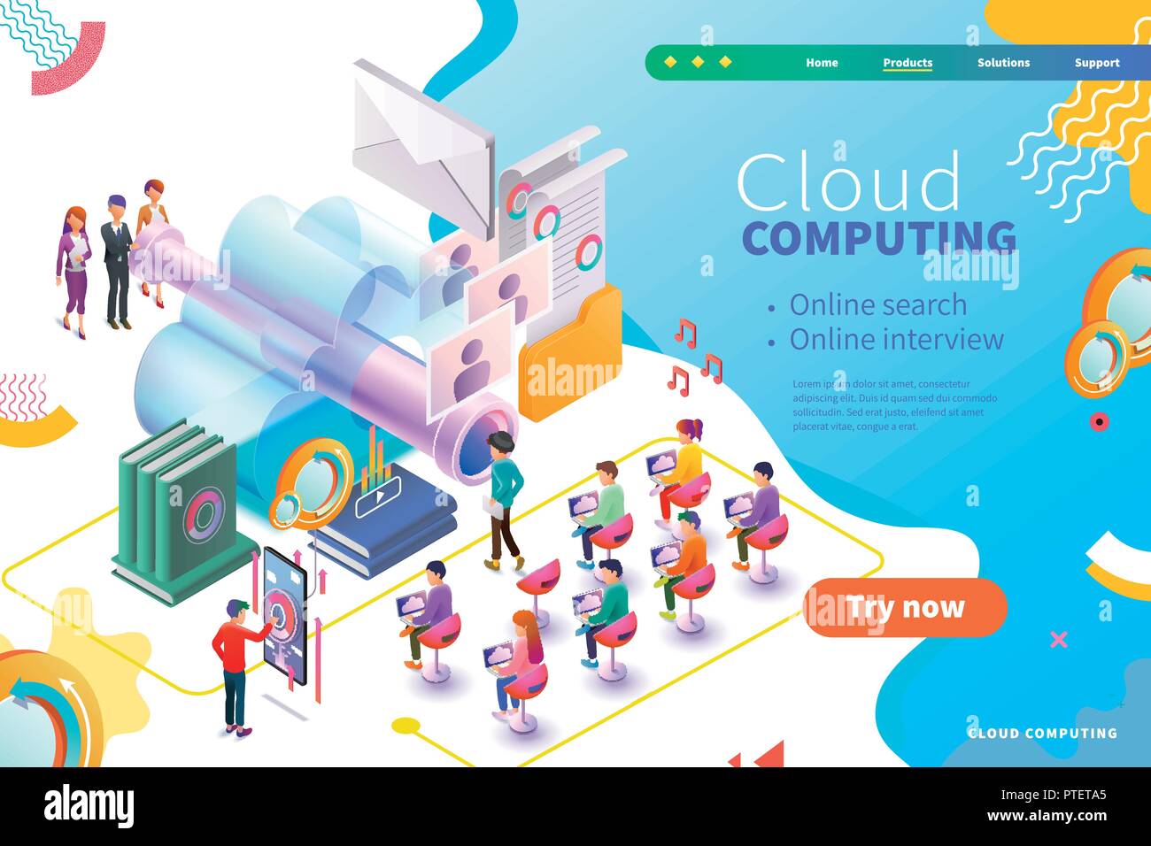 3d isometric cloud computing webpage design, business interview and human resource management Stock Vector