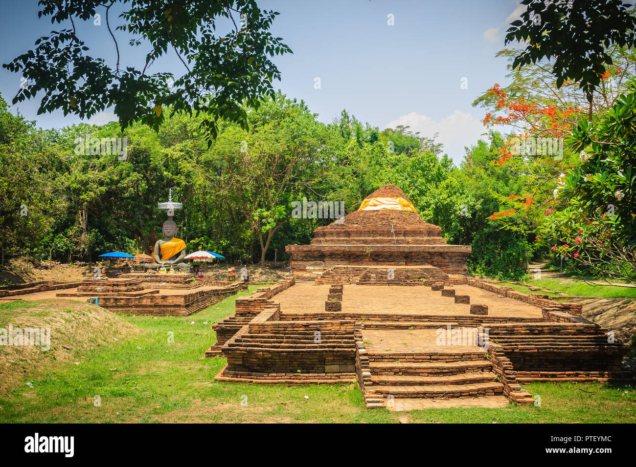 Ruins of Wat That Khao, one of the ruined temples in Wiang Kum Kam, an historic settlement and archaeological site that built by King Mangrai the Grea Stock Photo