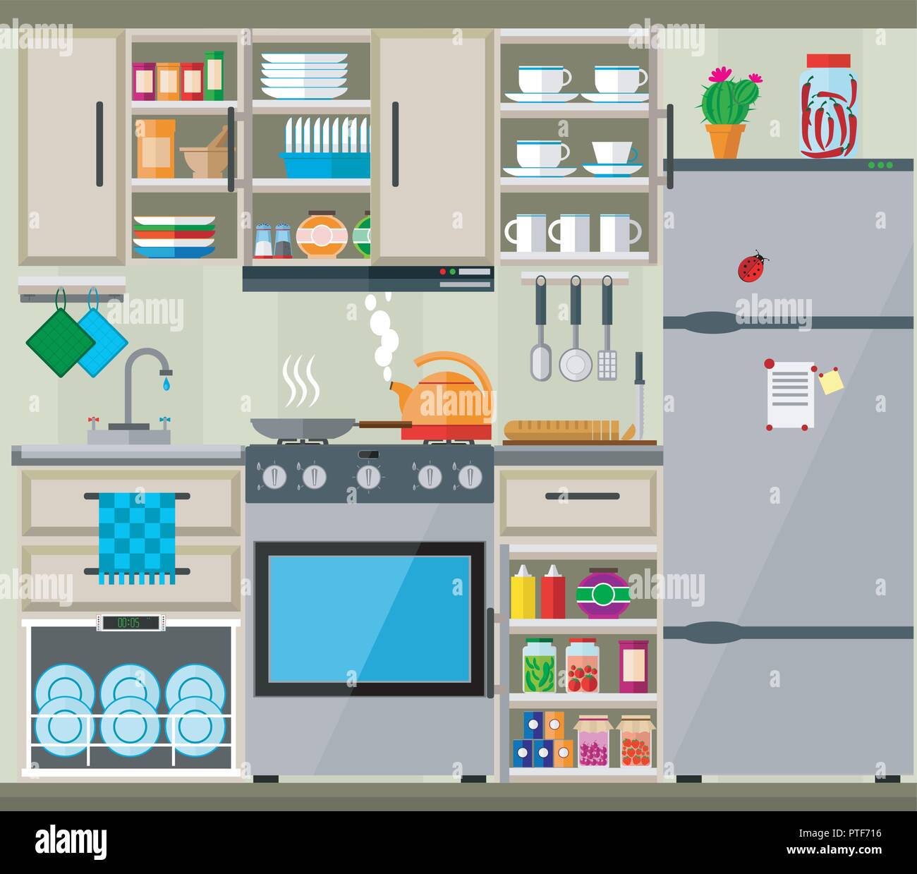 Kitchen interior with fridge, dishwasher, kitchen furniture and utensils. Vector set Stock