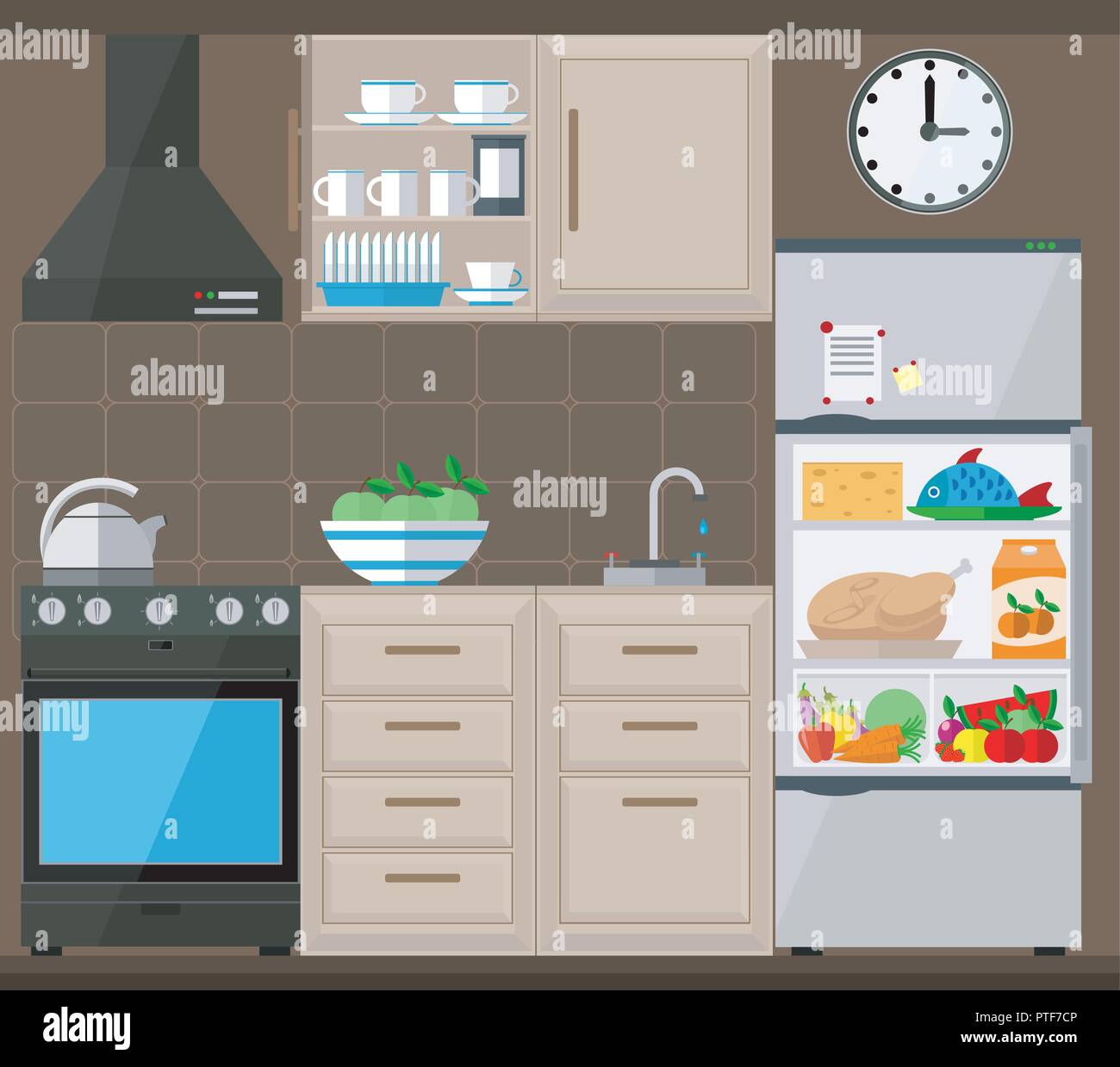 There is also a kitchen, equipped with a fridge and stovetop. Vector illustration. Stock Vector