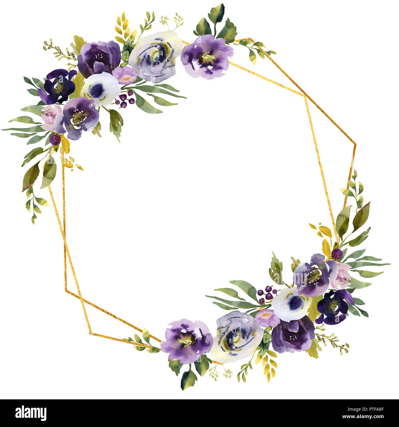 Hand Drawing Watercolor Wedding Frame Wreath Green And Purple Flowers Ornament Stock Photo Alamy