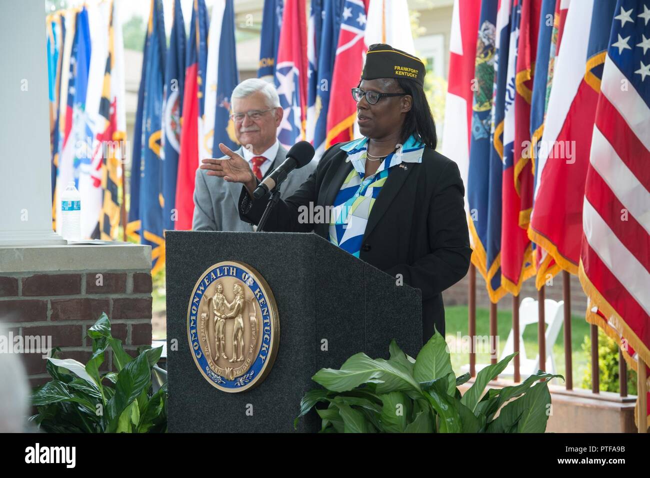 Kentucky Lieutenant Govenor Jenean Hampton address a crowd filled with veterans during the Grand