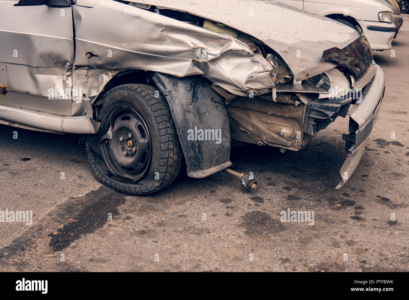 Many broken cars after a traffic accident in the parking lot of a