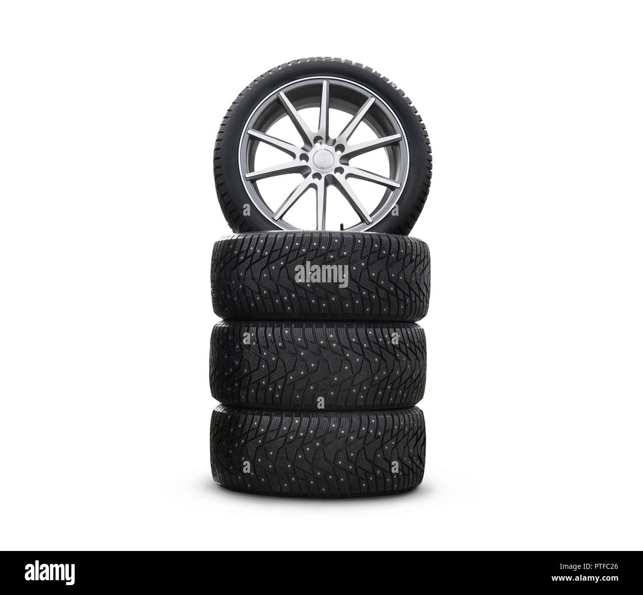 Four new goodlooking snow tires isolated on the white background. A