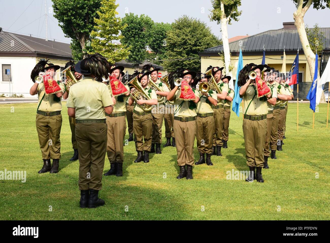 Italian army Fanfara (band) of 11 Reggimento Bersaglieri Caprera during the U.S. Army Garrison change of command ceremony  at Caserma Ederle, Vicenza, Italy, July 21, 2017, Stock Photo