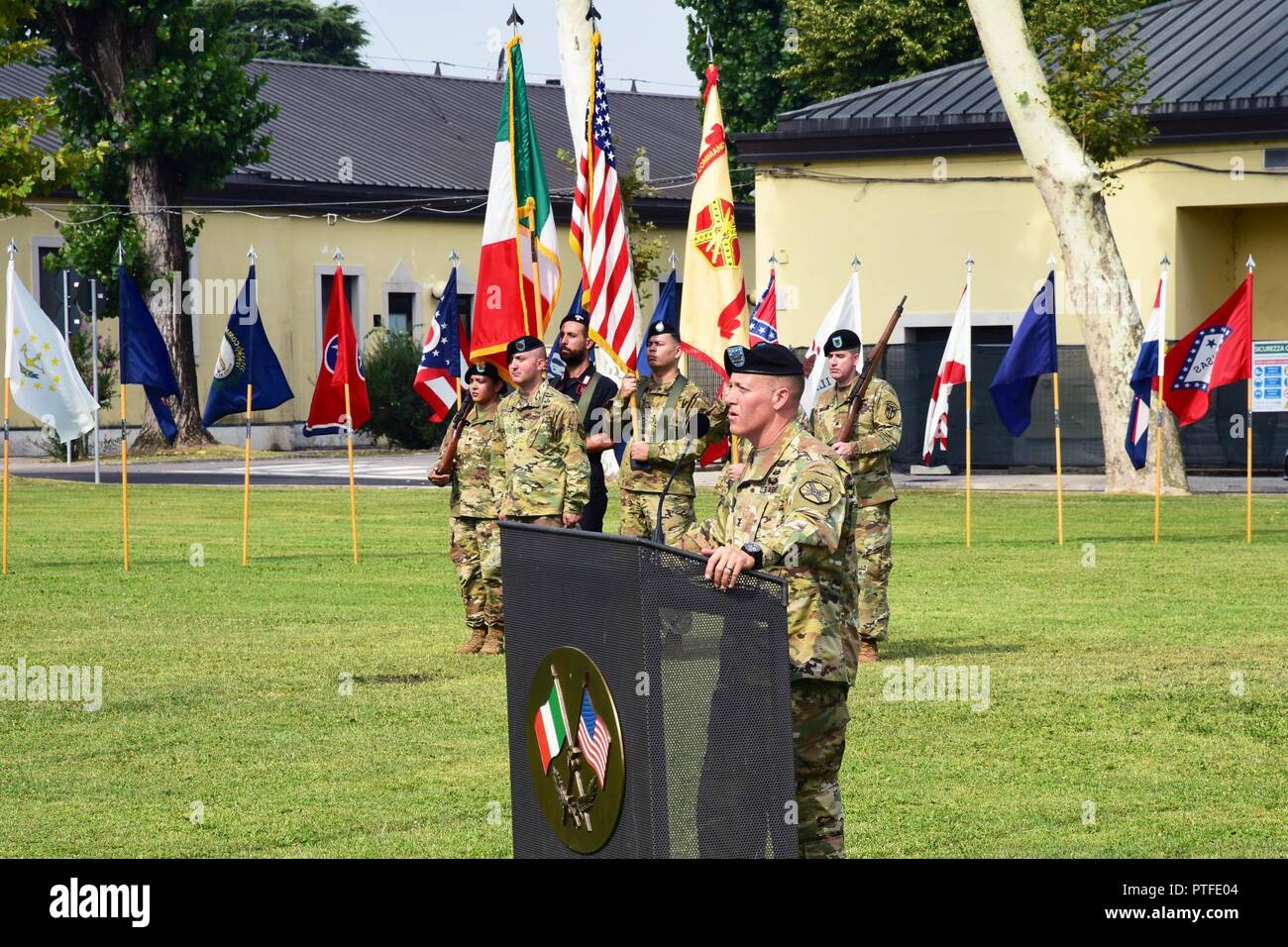 Col. Eric M. Berdy, incoming commander, U.S. Army Garrison Italy, addresses the audience during the garrison change of command ceremony on Hoekstra Field, Caserma Ederle, Vicenza, Italy, Jul. 21, 2017. Stock Photo