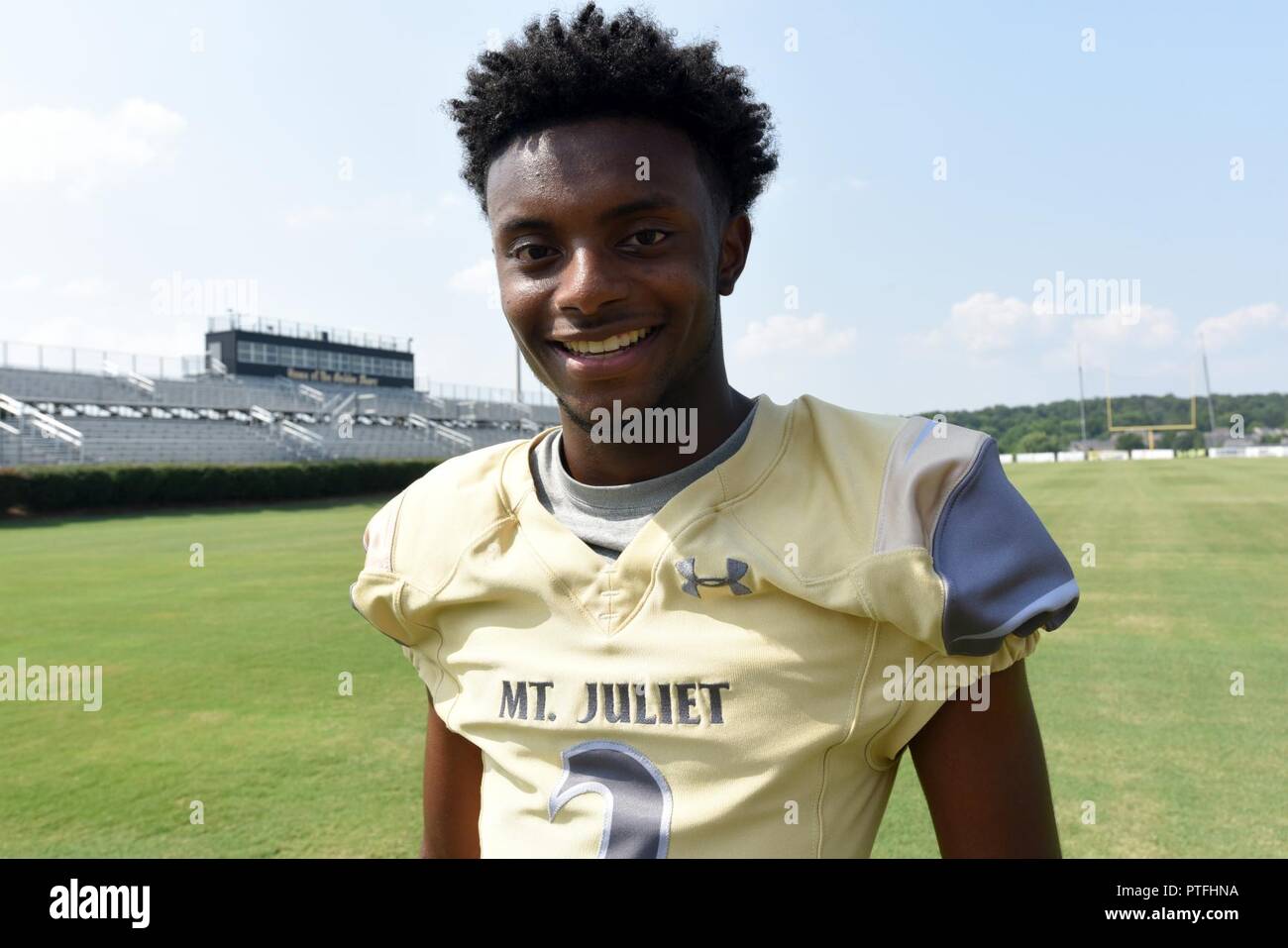 Jalan Sowell, star running back at Mt. Juliet High School, shared his story and comeback narrative of never giving up on ESPN's 'Make A Wish' series at the Golden Bears' stadium in Mt. Juliet, Tenn., July 21, 2017.  He produced and starred in the ESPN segment that aired July 20 where he shared how he overcame adversity when a life-threatening pulmonary condition kept him from playing football.  His father James Sowell is a safety officer with the U.S. Army Corps of Engineers Nashville District. Stock Photo