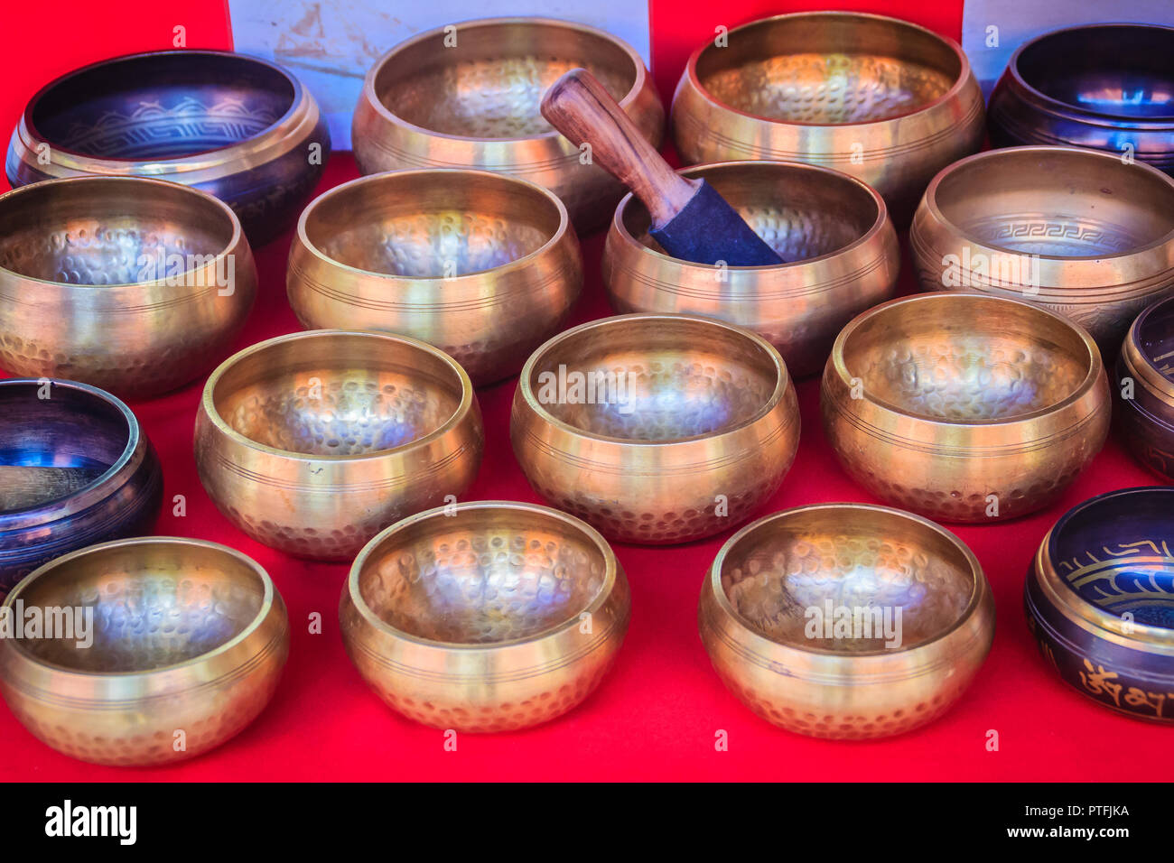 Tibetan singing bowls for sale at the antique market. Singing bowls
