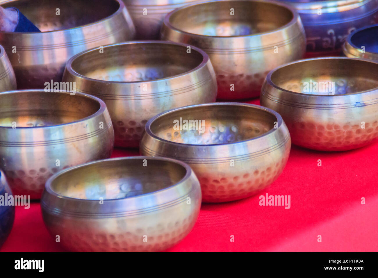 Tibetan singing bowls for sale at the antique market. Singing bowls