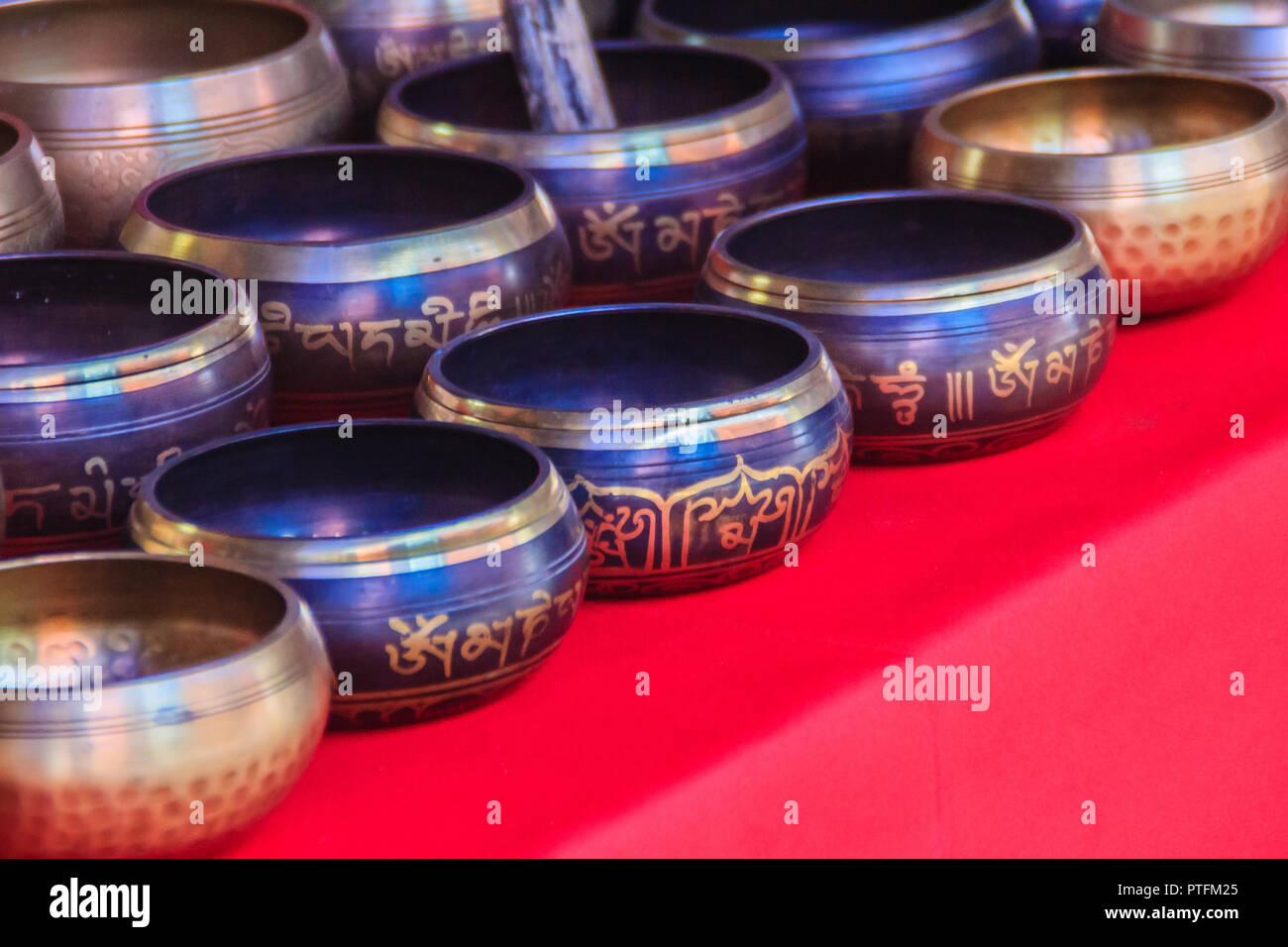 Tibetan singing bowls for sale at the antique market. Singing bowls