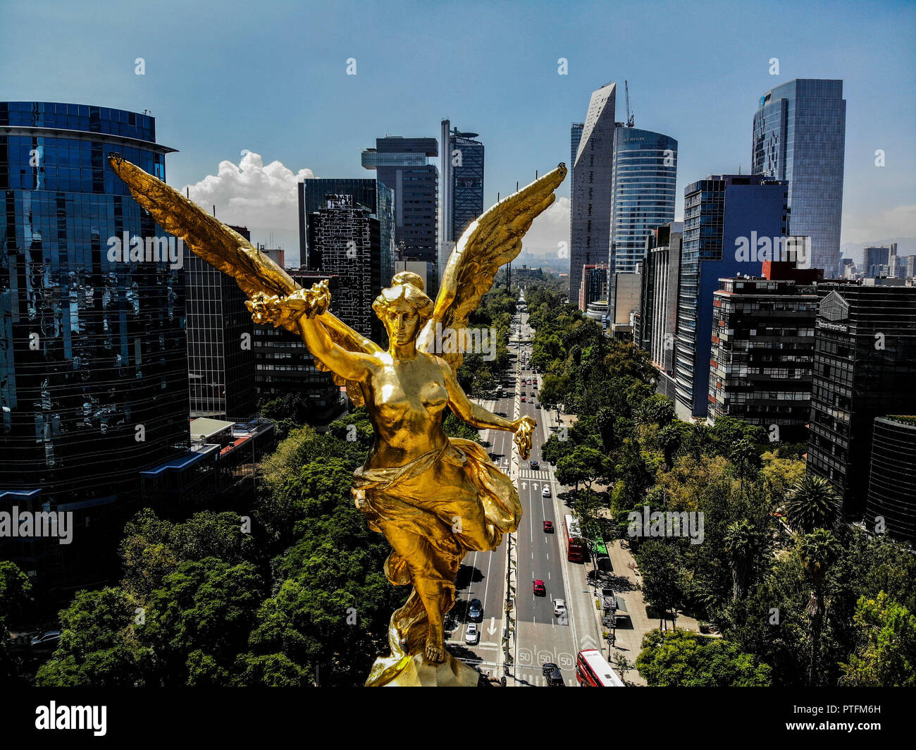 View area of Monument to the Independence of Mexico. The Angel or The Angel  of Independence. Sculpture located in the roundabout of Paseo de la Reforma  in Mexico City. high angle view. (