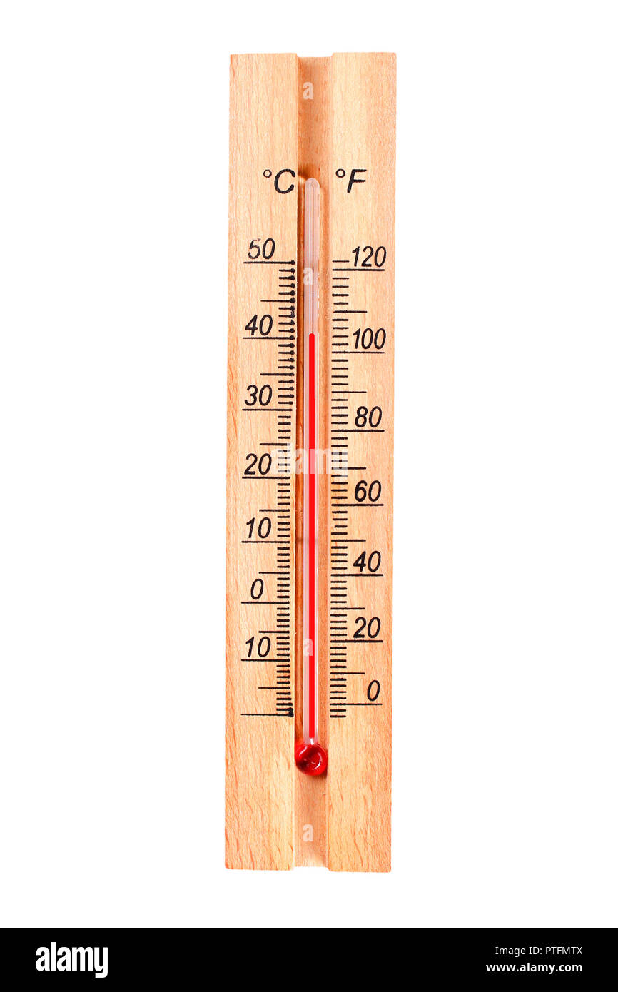 Wooden thermometer. Thermometer shows 40 degrees. Isolate thermometer. Thermometer on a white background Stock Photo
